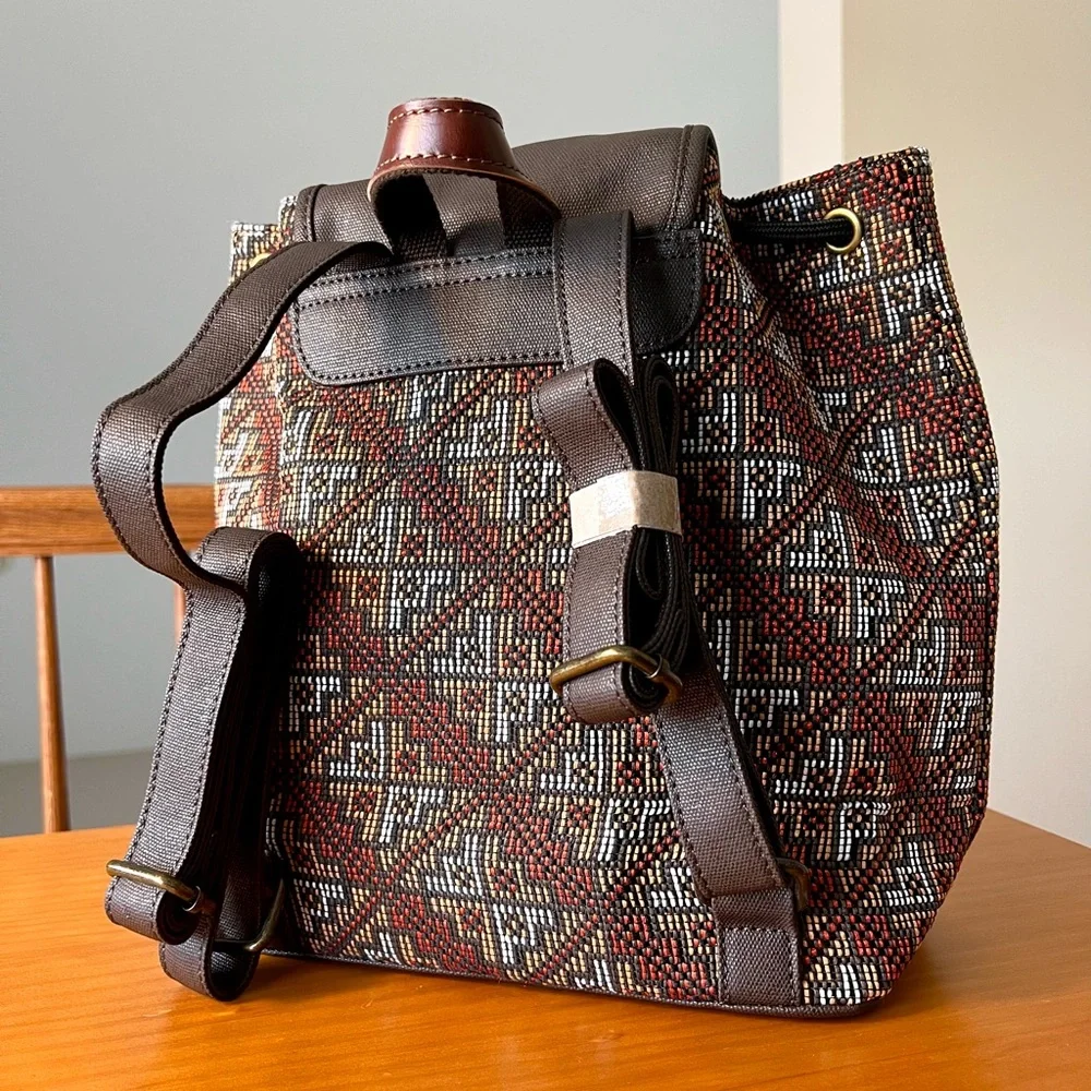 NWT Gandy's Brown Woven Boho Canvas Mini Backpack Knapsack Travel Bag Eco Rare